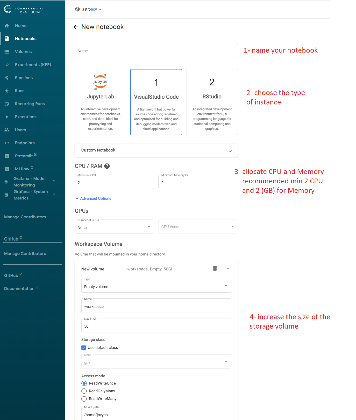Notebook resource configuration panel