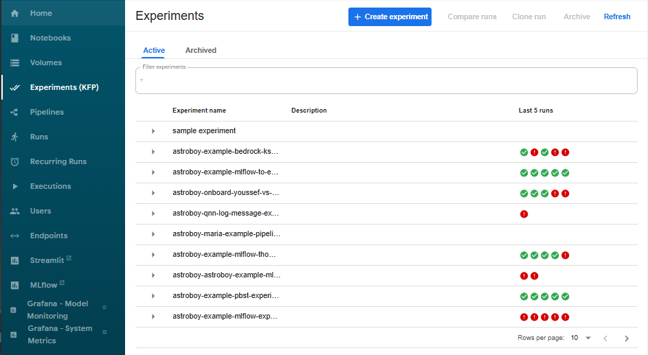 Experiments tab in Kubeflow