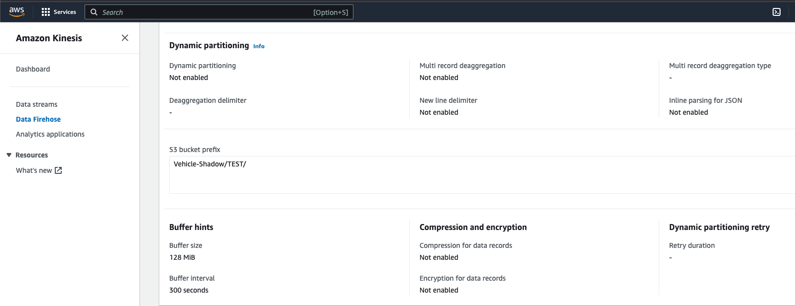 Delivery stream configuration in AWS console
