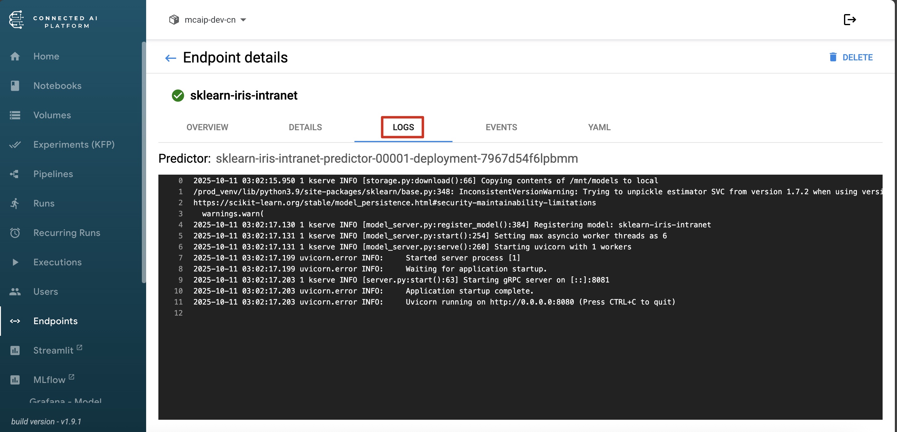 Model Logs View