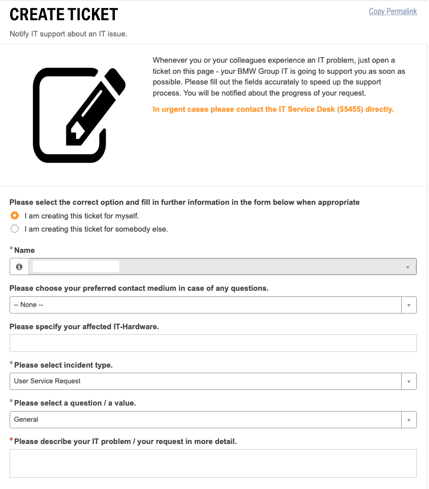 My BMW IT ticket creation form