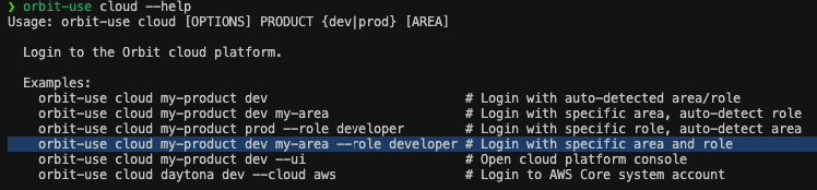 Using the --help flag in orbit-use CLI
